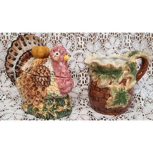 Vintage BICO China Thanksgiving Turkey Sugar Bowl Lid Harvest Basket Creamer Set